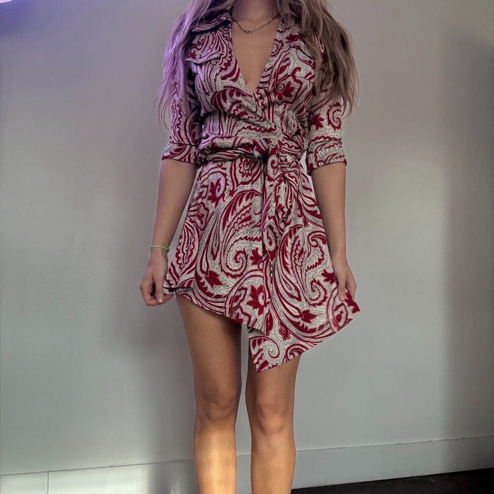 Diane Von Furstenberg Red & White Paisley Asymmetric Wrap Dress